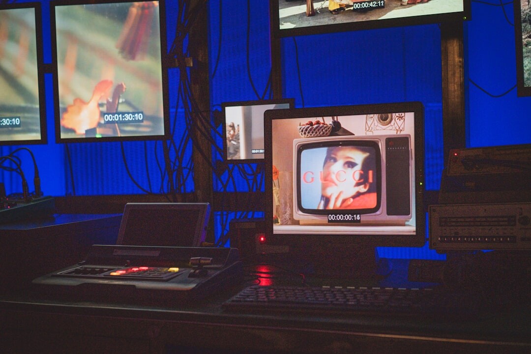 Radio and broadcast studio with equipment and blue lighting